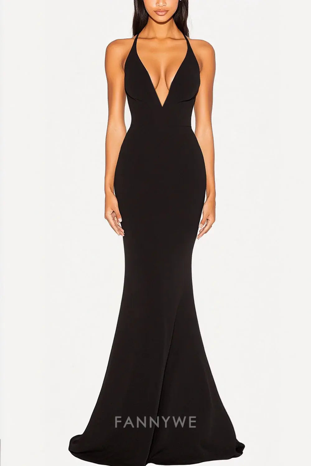 FannyWe Simple Evening Dresses Black Mermaid Deep V-Neck Formal Dress hot sale